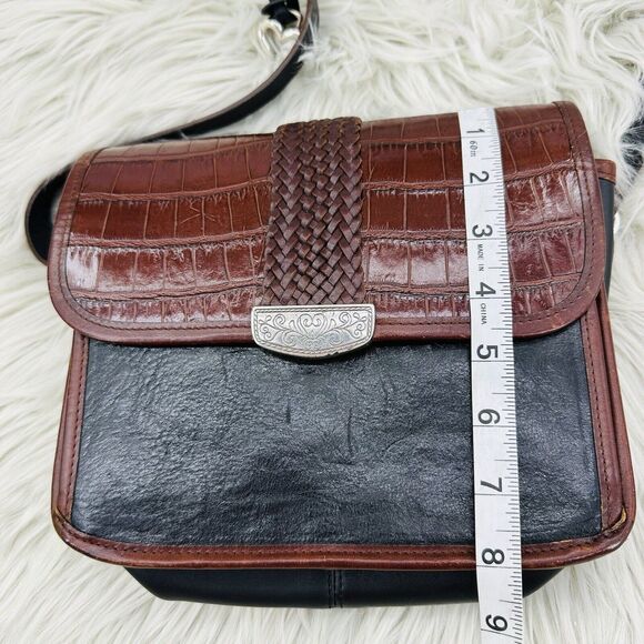 Vintage Brighton Crossbody Flap Organizer Leather Black & Brown Croc Print Purse - Picture 6 of 16